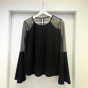 CeCe Black Blouse with Sheer Mesh Bell Sleeves, size M